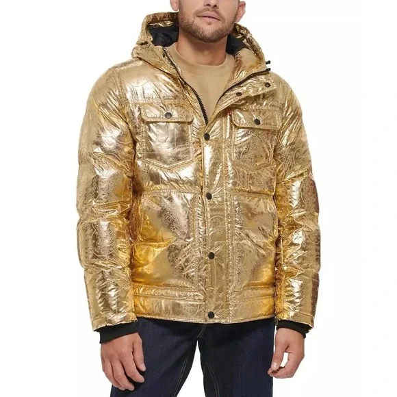 Levi's Puffer Jacket Men's L Gold Bandana Paisley Quilted Hooded X2814 $225 - Picture 2 of 14